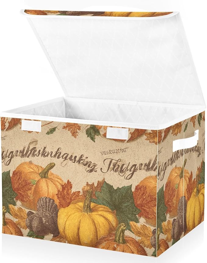 Collapsible Storage Bins with Lids Decorative Fabric Storage Cubes Closet Organizer and Storage Basket Boxes Containers for Clothes Box Chest Nursery Folding Rectangle Brown Pumpkin Turkey