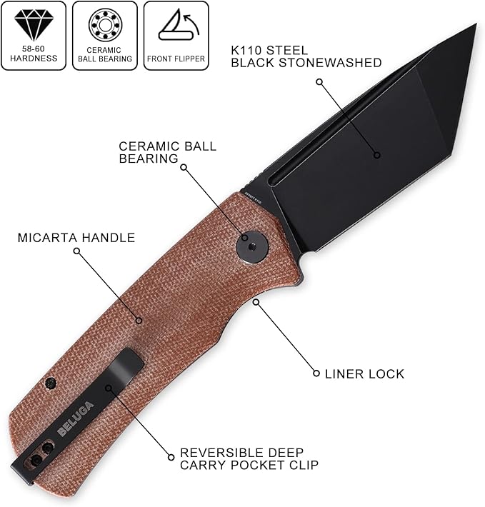 Petrified fish PFP01T Beluga3.58 K110 Black Stonewashed Blade 154g Micarta Handle Front Flipper Liner lock Folding knife (Brown Micarta Black Stonewashed)