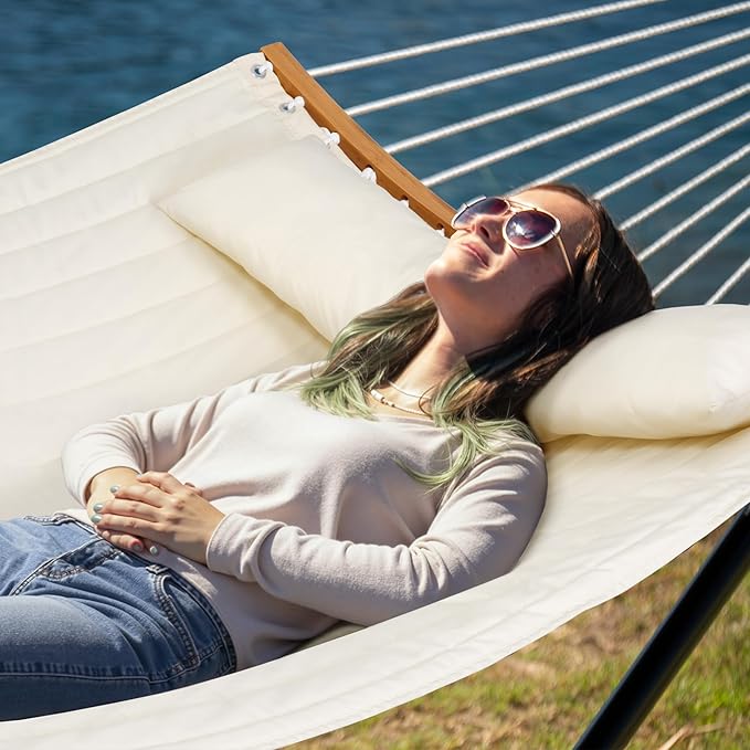 Outdoor Hammock with Stand Included Two Person Hammock with Curved Spreader Bar Pillow and Portable Bag 450 Lbs Capacity Beige