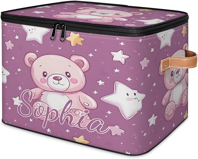 Custom Storage Basket with Name Personalized Storage Bins with Zipper Lid Foldable Fabric Storage Box Large capacity with Handle Star Pink Bear