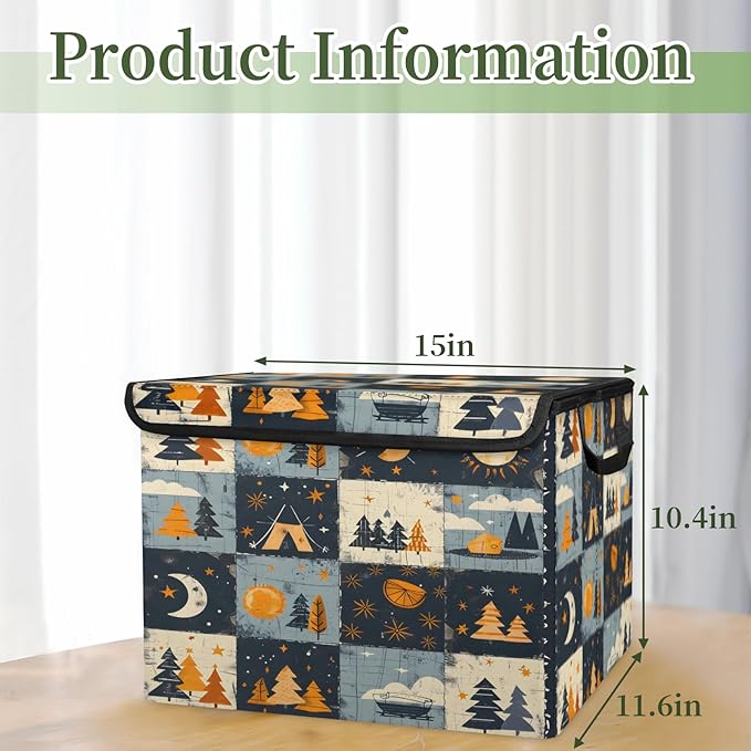 Rustic Trees Storage Basket with Lid Sun Moon Foldable Storage Box Fabric Storage Bins with Carrying Handles for Home Bedroom Closet Organization