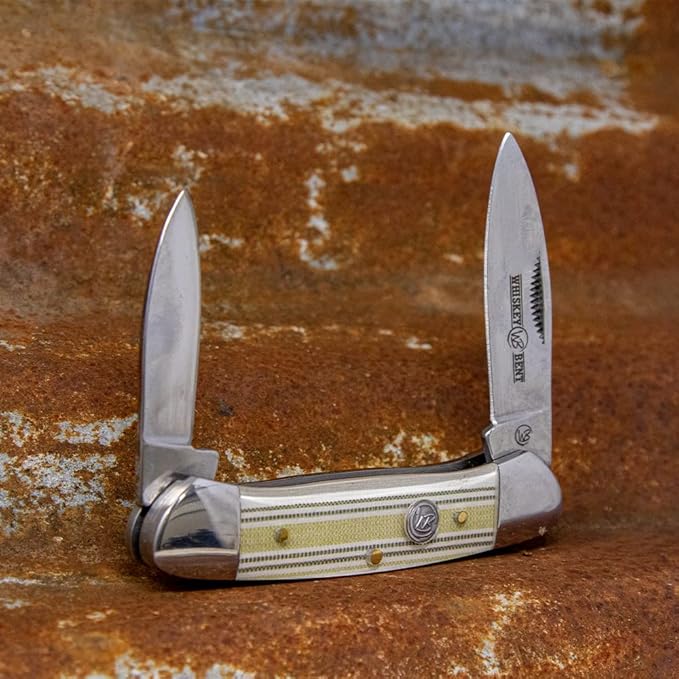 WHISKEY BENT HAT CO. Traditional Canoe Folding Knife 3.63 Closed Length 440C Stainless Steel Blades (Burlap)