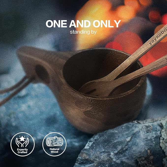 Nordic Kuksa 6oz (177ml) w/spoon &amp fork Handcrafted dark Wooden Camping Cup Set – Bushcraft Gear. Crafted from dark natural hardwood for a rugged look. Wilds-to-Home Ready ! Adventure Totem！