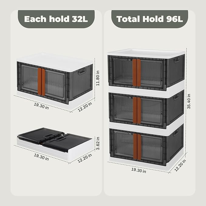 Dollate 8.4 Gal Collapsible Storage Bins with Lid 3 Pcs Free Installation Foldable Closet Organizers and Storage Bins for Organizing Household Goods
