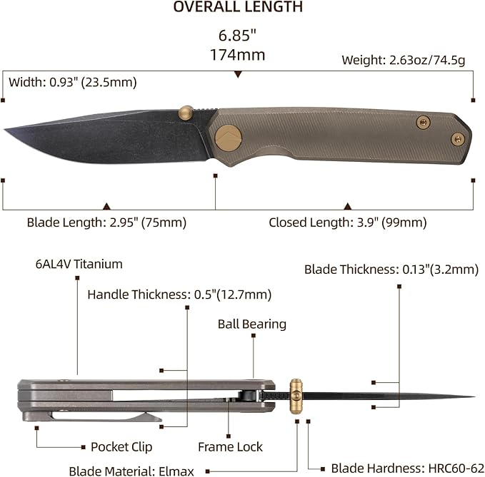 Folding Pocket Knife 2.95 Elmax Blade EDC Knife with Titanium Handle and Frame Lock Small Pocket Knife with Clip for Men Sharp Camping Hiking Hunting Survival Knives (Gold)