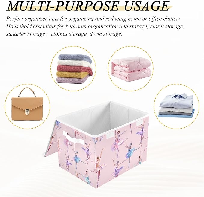 ALAZA Ballet Dance Pink Storage Bins Organizer Box Baskets Lidded Clothes for Shelves Closet Collapsible Stackable Storage Cubes Handles