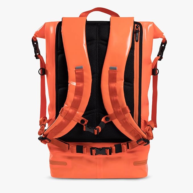 Spin Bag Durable Travel Waterproof Backpack for Men and Women Carry On Bag for Sports Work and Travel with Laptop Sleeve Shoe Compartment and Tactical Features 30 Liter Orange