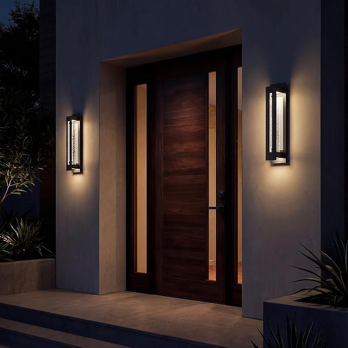 Kichler River Path 23 LED Outdoor Wall Light in Textured Black 1-Light Contemporary Exterior Wall Sconce with Clear Seeded Glass 3000K (23 H x 5.5 W) 49946BKTLED