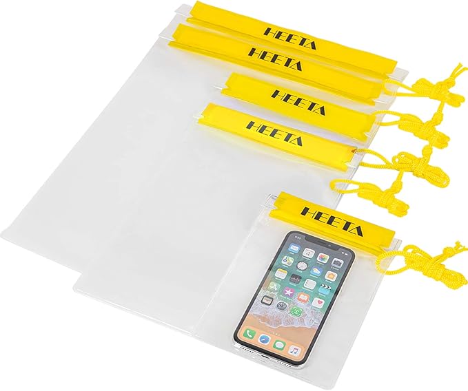 HEETA 2-Pack Waterproof Pouch with Waist Strap Transparent Screen Touchable Dry Bag Bundled with 5-Pack Clear Waterproof Dry Bag