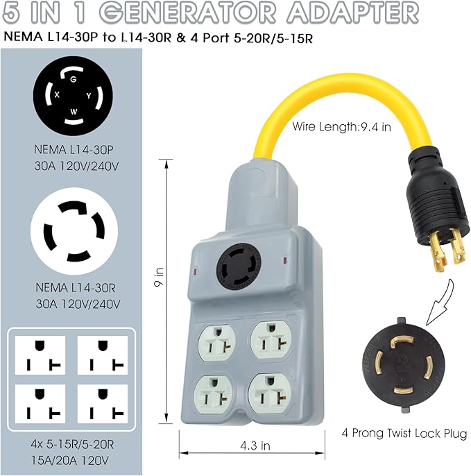 240V to 120V Adapter Generator Plug NEMA L14-30P to L14-30R and 4 Port 5-20R/5-15R 4 Prong Twist Lock 30 Amp Male Plug to Female Receptacle for RV Workshop Outdoor Activity (Gray)