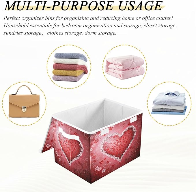 senya Valentines Baskets Collapsible Storage Bins with Lids Love Heart Floral Heart Storage Boxes Clothes Baskets for Organizing