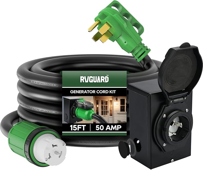 RVGUARD Emergency Power Combo Kit 15 Foot 50 Amp Generator Cord and Power Inlet Box NEMA 14-50P to SS2-50R Generator Cord with NEMA SS2-50P Pre-Drilled Generator Inlet Box ETL Listed