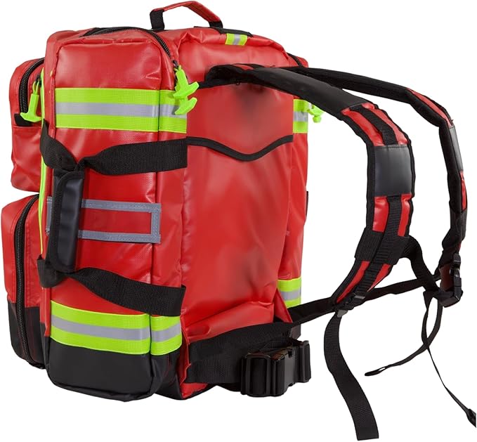 Kemp USA Heavy-Duty EMT Bag Made with Fluid-Resistant Tarpaulin Material - Emergency Survival Kit with Room for D O2 Tank - Medical Backpack with Multiple Handles (Tarpaulin Fabric Red)