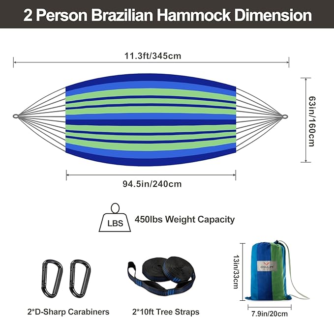 CHULIM Brazilian Double Hammock with Tree StrapsExtra Large 240x160cm2 Persons Hammock for Backyard Patio Outdoor and Indoor450lbs Weight CapacitySoft Woven Cotton Fabric