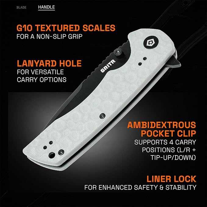 GRITR Stealth Folding Pocket Knife w/ 3.5 D2 Steel Blade for Military Hunting Camping Hiking – Gray Handle Non-Serrated Blade with Stonewashed Finish