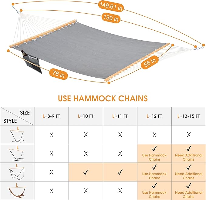 Lazy Daze Hammocks 11 FT Double Outside Hammock Quick Dry Olefin Fabric Hammock with Spreader Bar &amp Side Pocket for Outdoor Poolside Backyard 450 lbs Capacity Grey