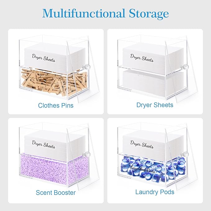 JYPS 1+1 Acrylic Dryer Sheet Holder with Drawer and Bamboo Lid Clear Acrylic Large-Capacity Laundry Pods Container Scent Boosters &amp Powder Laundry Room Organization decor Storage Jars Set