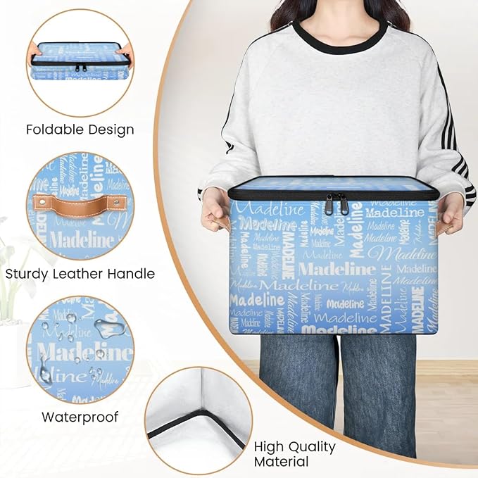Custom Storage Basket with Name Personalized Keepsake Box with Zipper Lid Foldable Fabric Memory Bin Large capacity with Handle Blue