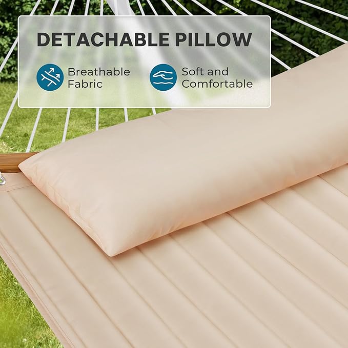SUPERJARE Hammock with Stand 2 Person Heavy Duty Hammock with Padded Cotton Detachable Pillow &amp Strong Curved-Bar &amp Portable Carrying Bag Perfect for Outdoor &amp Indoor Beige