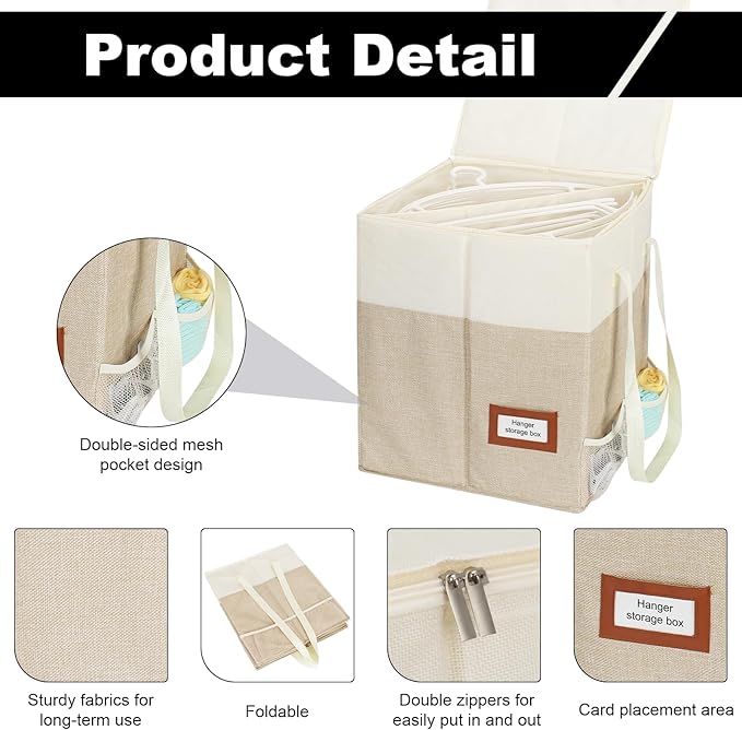 2 Pack Clothes Hanger Organizer Bag with Lid Rigid Hanger Storage ContainersHanger Caddy Organizer Box with Handle and Label Window Keep Closet Laundry Rooms Tidy (Beige)