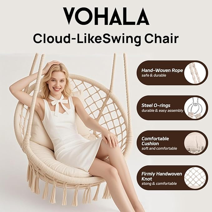 Vohala Macrame Hanging Chair Hammock Chair with Large Comfy Cushion Boho Swing Chair for Bedroom Patio Balcony Garden Holds up to 264 lb Accessories Included Cream White