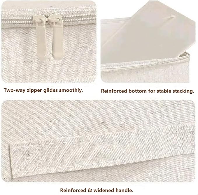 [3 Pack] Beige Cotton Linen Collapsible Storage Bins for Home Organization Waterproof Fabric Foldable Organizer Boxes 19.29 x 14.57 x 12.2 Inches Zippered Flap &amp Handle (Extra Large)