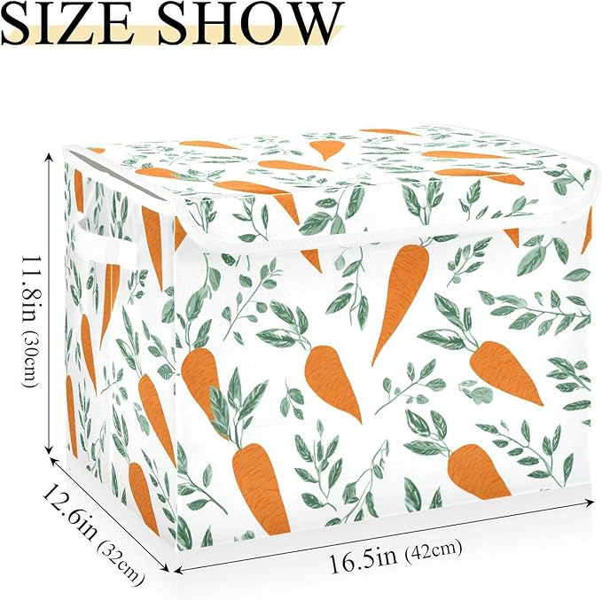 White Carrots Easter Storage Box with Lid 1 PC Foldable Storage Bin with Lids Stackable Storage Bins Cube Closet Organizer Basket with Flip-Top Lid &amp Handles for Shoes Books Towels