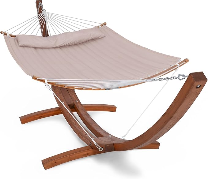 SUNCREAT Hammocks Patio Hammock with Stand 2 Person Heavy Duty Curved Hammock with 13.5 ft Wooden Stand Tan