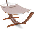 SUNCREAT Hammocks Patio Hammock with Stand 2 Person Heavy Duty Curved Hammock with 13.5 ft Wooden Stand Tan