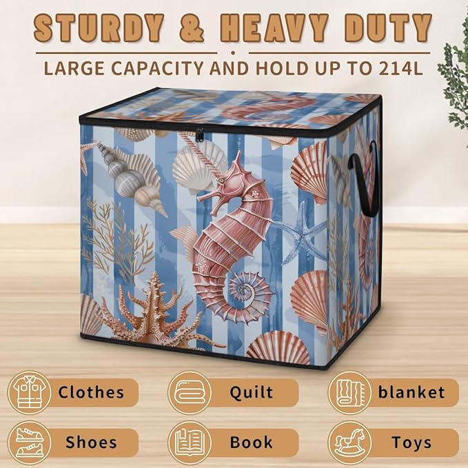 XL Large Clothes Storage with Lid Handle Starfish Shell And Seahorse Large Thick Clothes Blanket Storage Containers for Organizing Bedroom Closet Comforter Organization Storage Beach Theme
