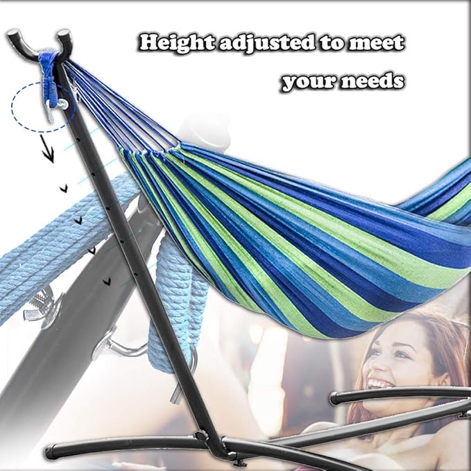 Hammock and Stand Heavy Duty Portable Solid Steel Stand with Carrying Case Adjustable 9Ft Indoor-Outdoor 2 Person Large Weather Resistant Hammock Stands for Backyard Decor Bed Patio Lawn Garde Blue