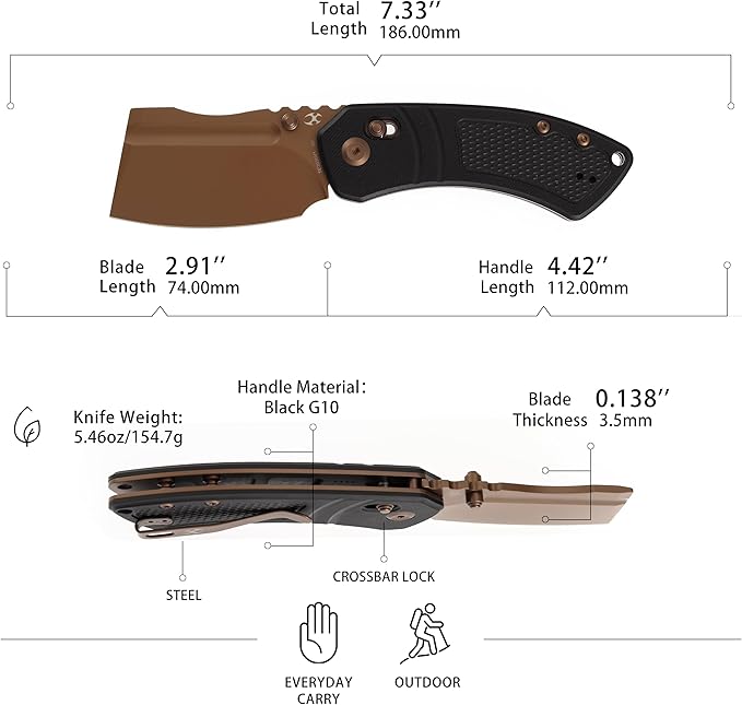 KANSEPT Korvid V Pocket Knife 2.91'' America Rose Gold Coated D2 Blade Black G10 with Diamond Pattern Handle Thumb Stud with Crossbar Lock Double Sided Clip for EDC Camping Folding Knives TE2030V1
