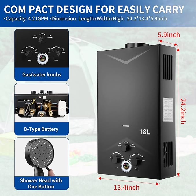 Tankless Water Heater 4.74GPM 18L Outdoor Portable GasHot Water Heater Instant Propane Water Heater with Digital Display Multi-Protection for Camping Trips Boat Cabins Black