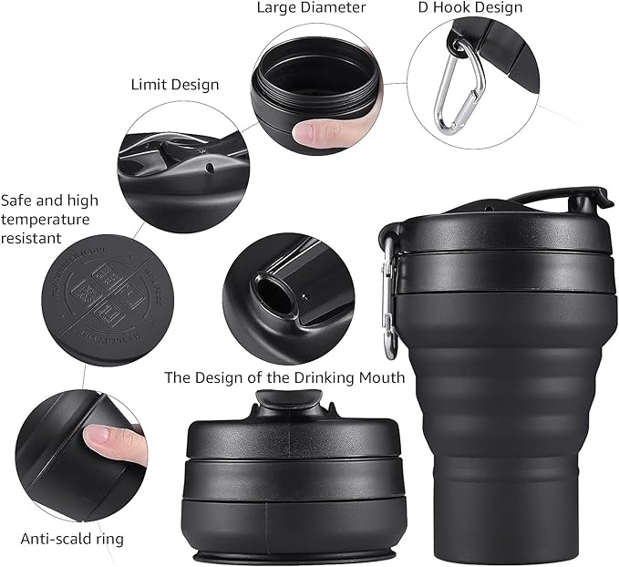 Collapsible Coffee Cup 2 Pack 16 OZ 480ml Silicone Travel Folding Cup Leak Proof BPA Free Portable Cup Travel mug with Lids for Camping hiking