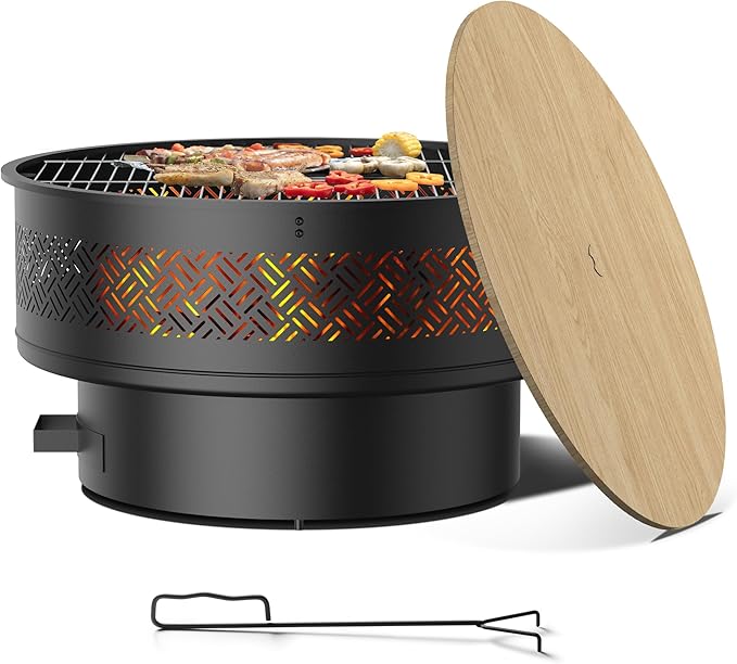32 Fire Pits with Cooking Grill Outdoor Fire Pit with Lid &amp Fire Poker Fire Pit Table for Outside Wood Burning Firepit Round Heavy Duty Firepit for BBQ Table Picnic Camping Bonfire Party
