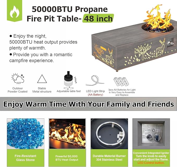 SUNPEAK 48 Round Burner Propane Fire Pit Table with LED Light – 50000 BTU Fire Pit Table with Lid Rocks Cover and Tank Storage - Modern Outdoor Large Fire Table (Grey/Deer Cutout 48 LED)