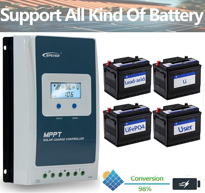 EPEVER 40A 12/24V Auto Identify MPPT Solar Charge Controller with Remote Control of LCD Display Adjustable Parameters and Temperature Sensor Support Lithium (Tracer 4210AN MT50 Sensor)