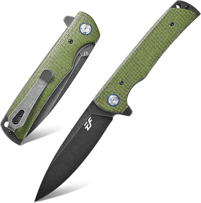 Eafengrow EF973 Folding Knife D2 Steel Blade Micarta Handle Scale Pocket Knife Folder for Working Camping Hiking EDC Tool Knife（army green