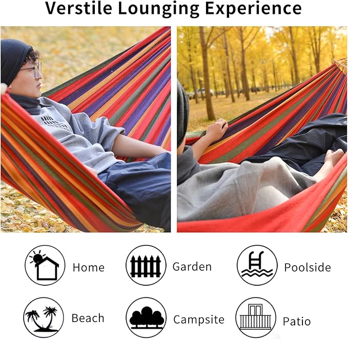 Hammock Cotton Canvas Hammock Portable Camping Hammock with Carrying Bag Two Anti Roll Balance Beam Metal Carabiner Ropes and Tree StrapsSuit for IndoorYardCampingOutdoor-Rainbow