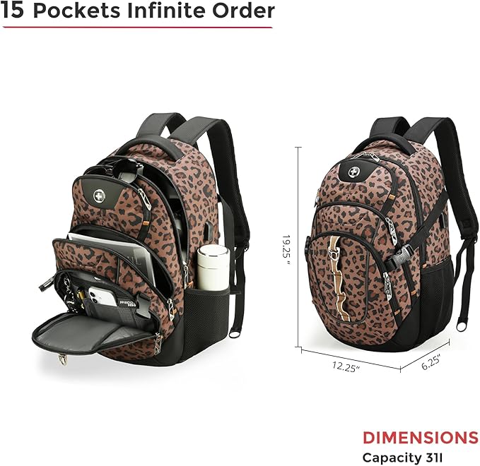 Swissdigital Laptop Backpack with USB Charging Port Travel Backpack Fits 15.6 inches Computer 31L Backpack for Men and Women Brown Leopard | SD803-103