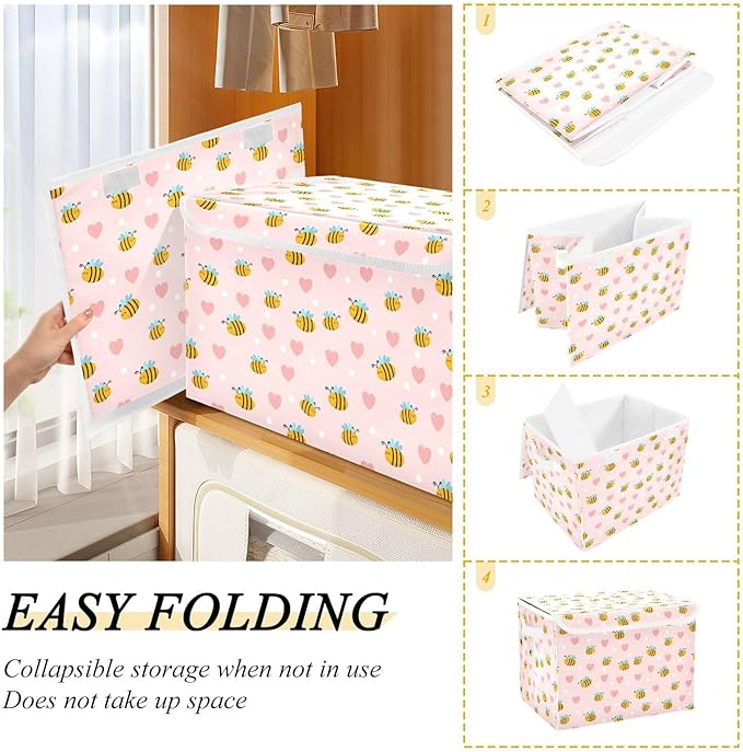 Honey Bee Lidded Home Storage Bins Closet Storage Bins Foldable Oxford Fabric Storage Box for Home Bedroom Closet Office (16.5x12.6x11.8 in)