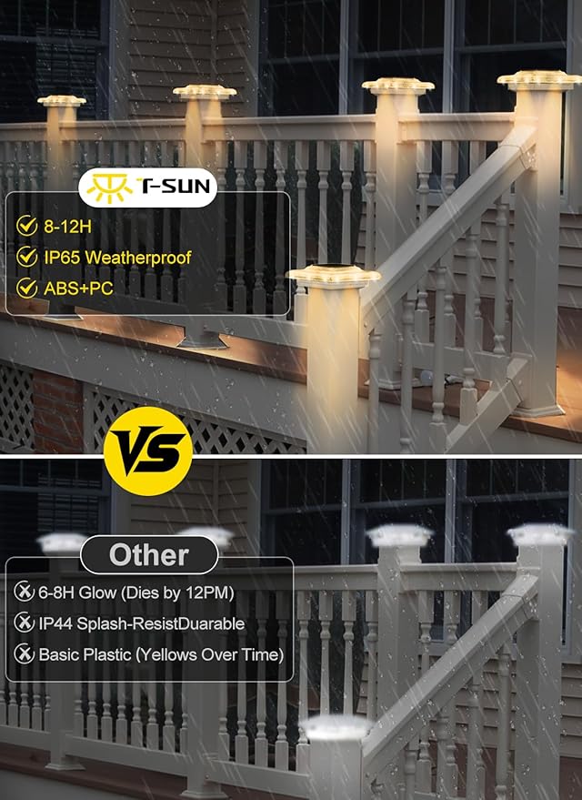 T-SUN Solar Post Cap Lights 4x4 Deck Post Solar Powered Lights 12 Packs IP65 Waterproof Outdoor for Stairs Steps Railings Vinyl &amp Wood Fence Tops Yard Patio Auto Dusk to Dawn (Warm White)
