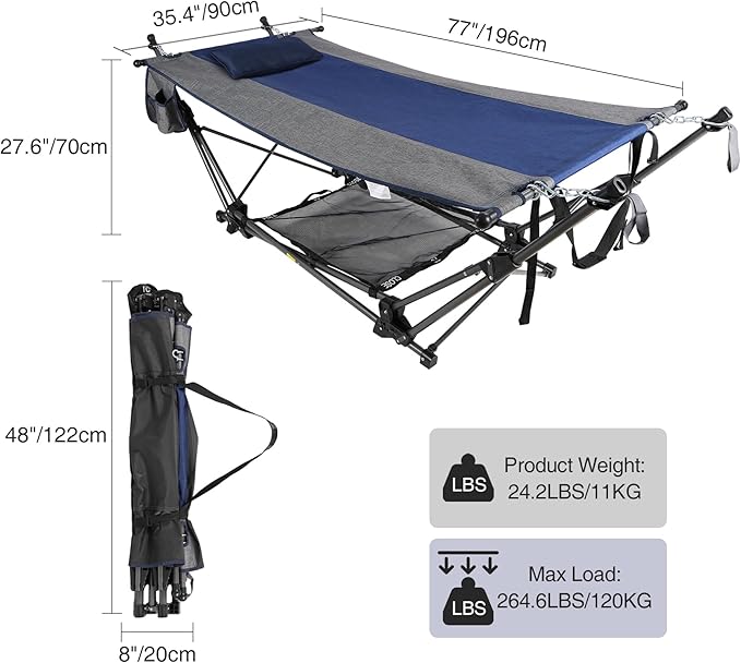 RedSwing Portable Folding Hammock with StandFoldable Camping Hammock with Removable PillowStorage NetFoldable Lounge Camping Bed for Adults for OutdoorBackyardBeachGardenLawn