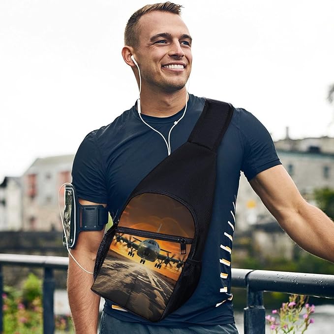Sling Bags Military Plane Landing On Runways Chest Bag for Men Women Shoulder Bag for Travel Sport Chest Pack