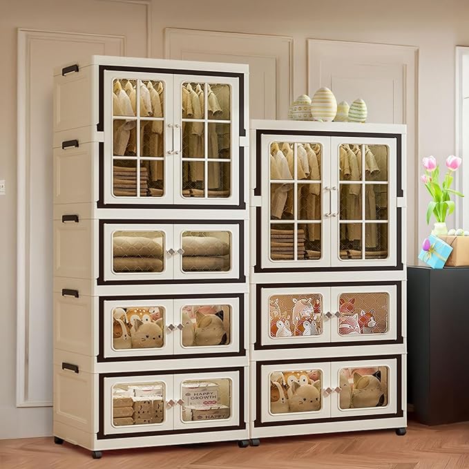 SunSettler Large Collapsible Plastic Storage Bins with Lid Stackable Cabinets with Wheels Folding Storage Cabinets Stackable Closet Organizers for Home and Office