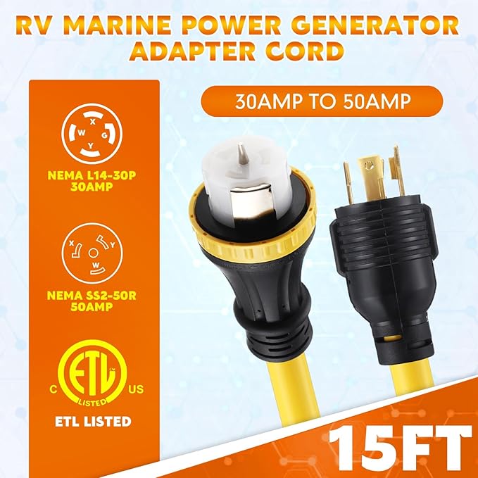 15FT NEMA L14-30P to SS2-50R RV Marine Power Generator Adapter Cord 30A 4 Prong Locking Generator L14-30P Male to 50A Marine Shore Power SS2-50R Female with Locking Ring 125V/250V