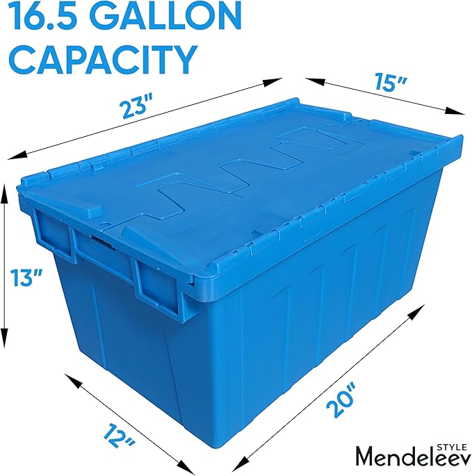 6 PCS 16.5 Gallon Industrial Distribution Tote with Hinged Attached Lid – Stackable &amp Nestable Reusable Heavy-Duty Transport Container for Warehouse Logistics and Moving Use