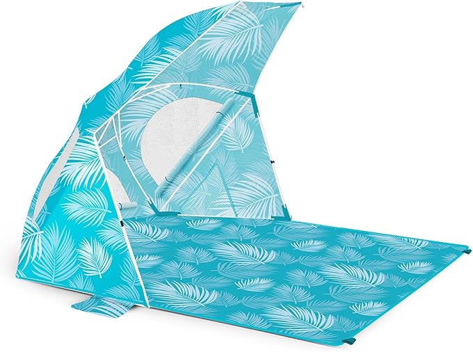 OutdoorMaster Update Pop Up Beach Umbrella Portable Beach Tent Shelter Beach Shade Sun Canopy with UPF 50+ UV Protection Extendable Floor with Carrying Bag - Blue Feathers