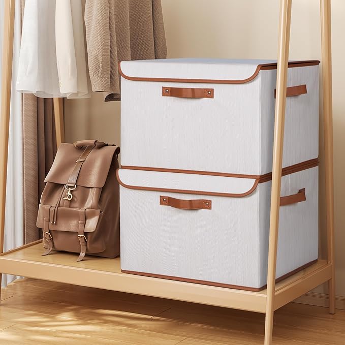 Univivi Heavy Duty Fabric Storage Bins with Lid Large 17 10 Gallon Stackable Storage Bins with Leather Handles Decorative Storage Boxes with Lids for Bedroom Closet Nursery Office 3-Pack(Beige)