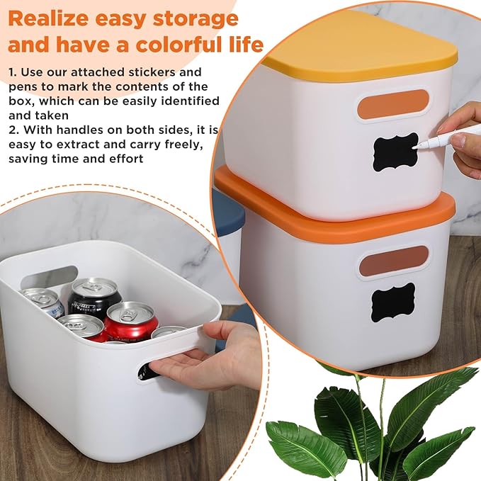 Thyle 12 Pack 7 Quarts Plastic Storage Bins Stackable Baskets with Lid and Handle with Label Colorful Desktop Box Toy Containers for Classroom Shelf Bedroom 10 x 7 x 6 Inch (White)